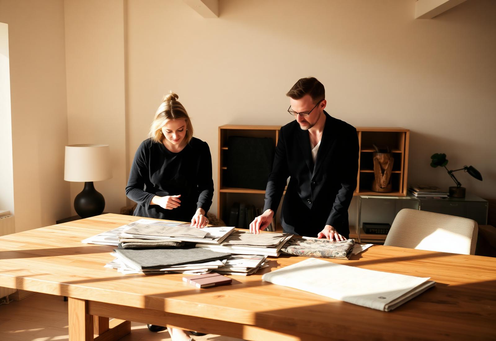 Designers reviewing fabric samples in the studio